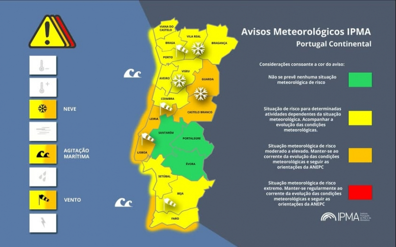 Dez distritos do continente sob aviso amarelo devido à queda de neve